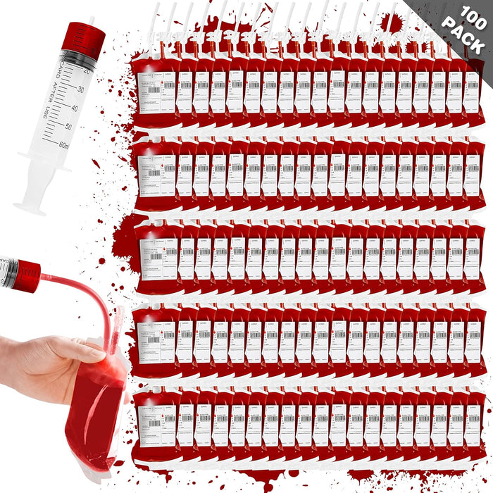 Garma 100 Pack Halloween Blood Bags for Drink, Reusable Drink Cups Containers with Syringe and Clips Pouch Prop for Vampire Zombie Hospital Theme Party Supplies