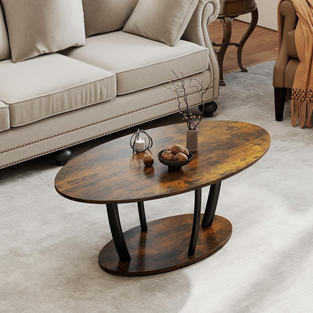 Manora Rustic Small Oval Coffee Table for Living Room, Narrow Wood Center Table with Shelf, Retro Style Coffee Table with Curved Metal Legs, Stable and Easy Assembly, Dark Brown
