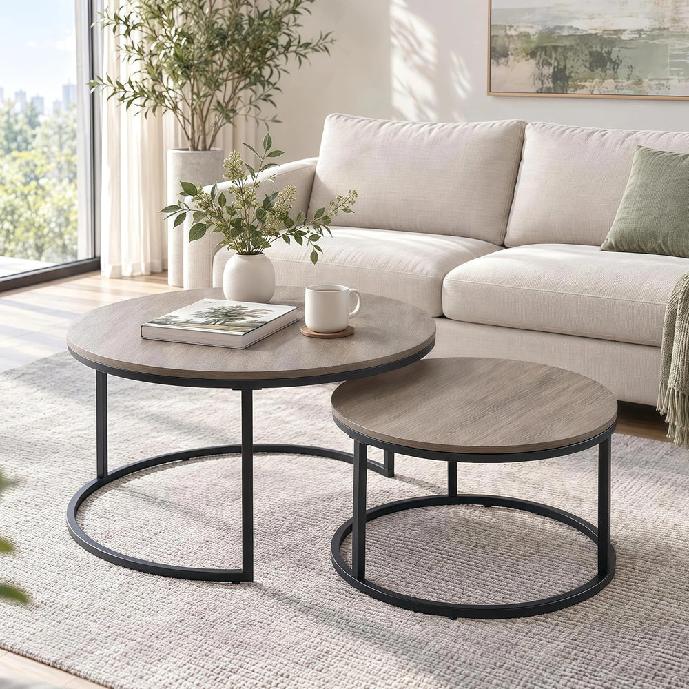 31.5" Round Nesting Coffee Table, Grey Wash Oak Finish