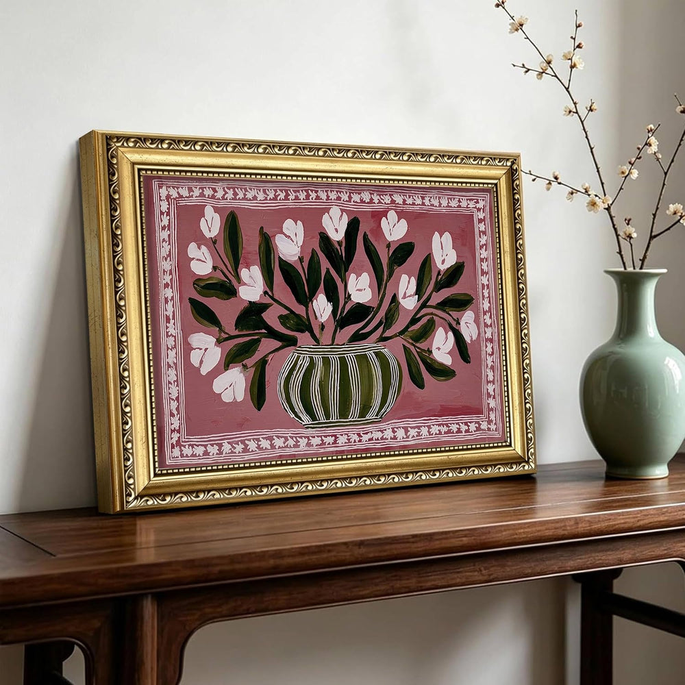 Gold Framed Vintage Floral Wall Art, Retro Vase White Flower Print, 16x24in