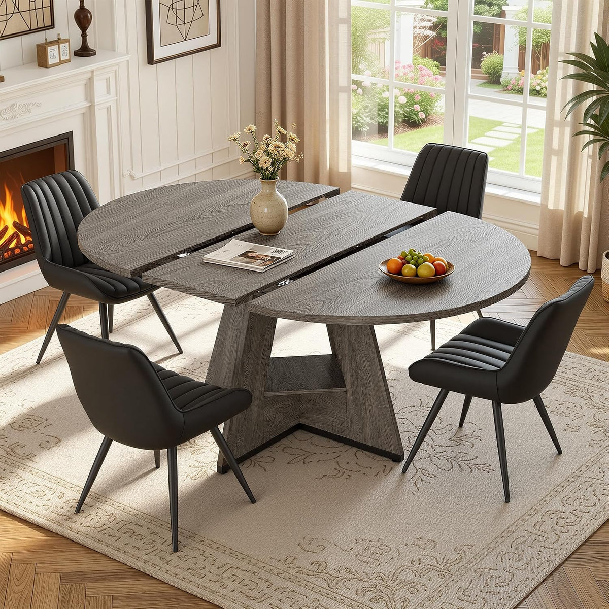 Miereirl Extendable Dining Table Set for 4-6, 47.24"-63" Round to Oval Dining Table Set with Upholstered Chairs, Hidden Storage Shelf, Kitchen & Dining Room Furniture for Apartment