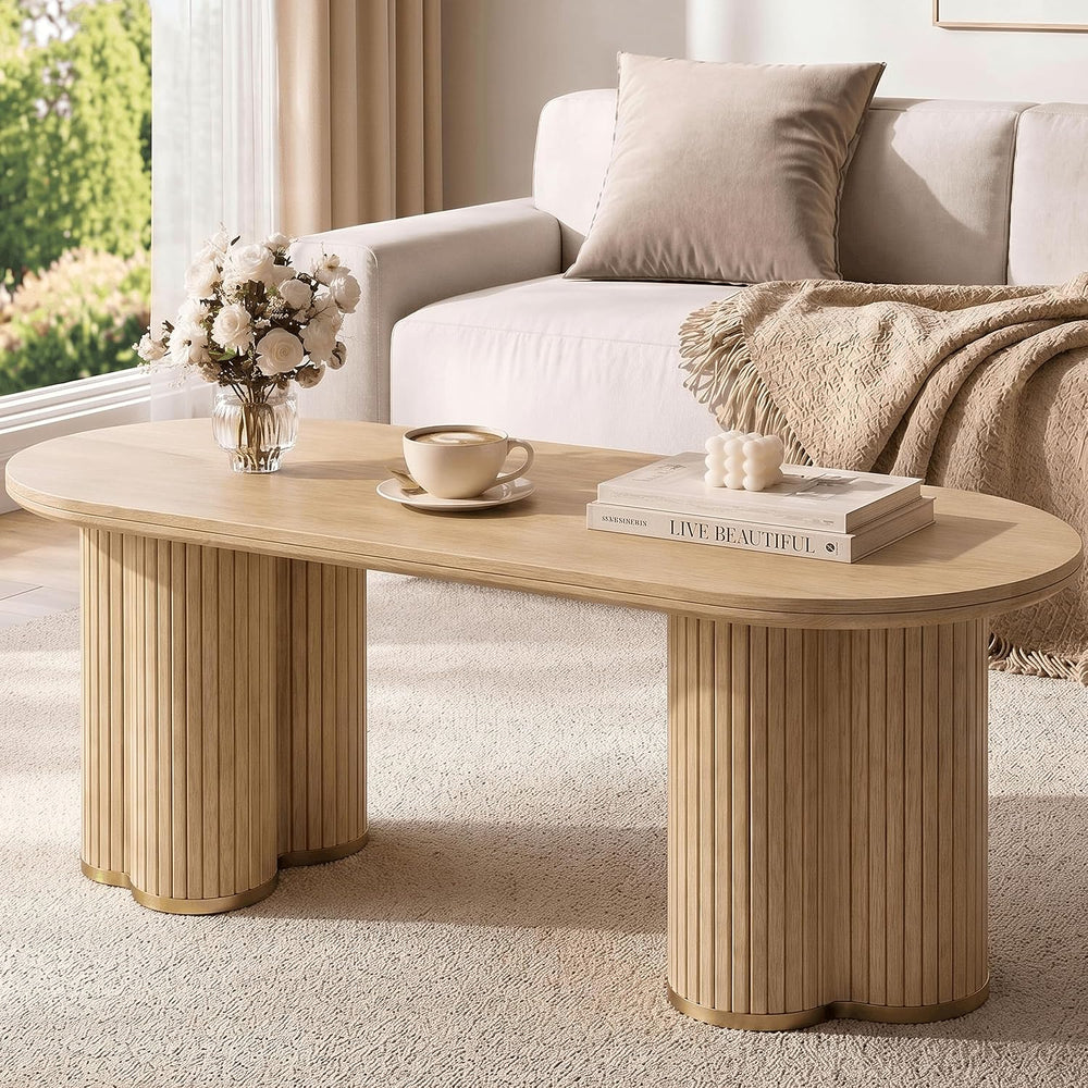 YOSHOOT Oval Fluted Coffee Tables for Living Room, 47" Wood Coffee Table...