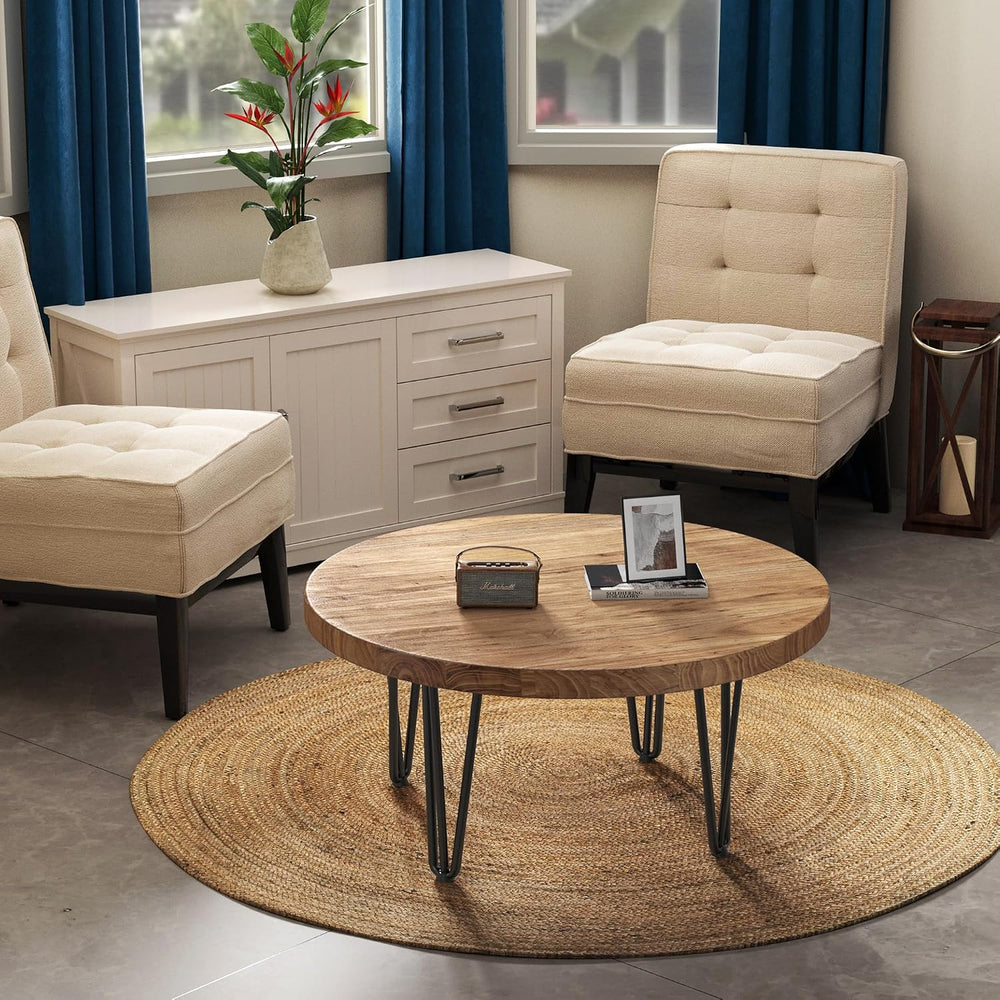 FLYJOE Rustic Wood Round Coffee Table with Metal Legs, Solid Elm Wood Top and...
