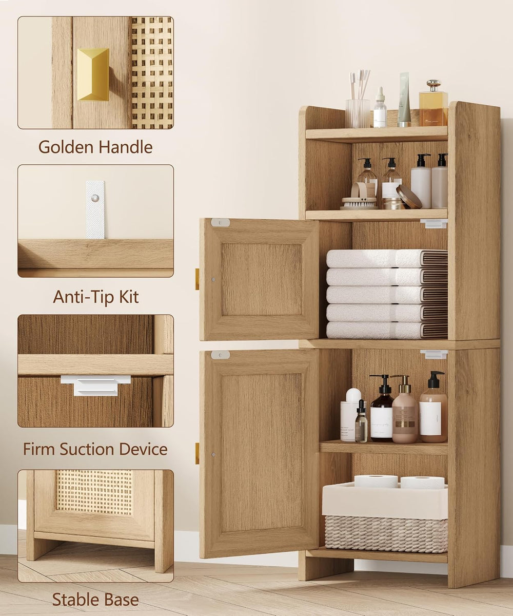 Akxomel Rattan Small Bathroom Cabinet with Open Shelf Wooden Floor Unit