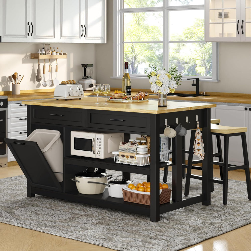 DynJest 47" Solid Rubberwood Top Kitchen Island with Storage, 2 Bar Stools