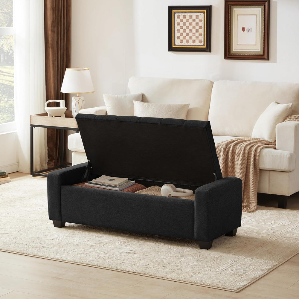 48" Ottoman with Storage, Black Storage Ottoman Bench with Safety Hinge