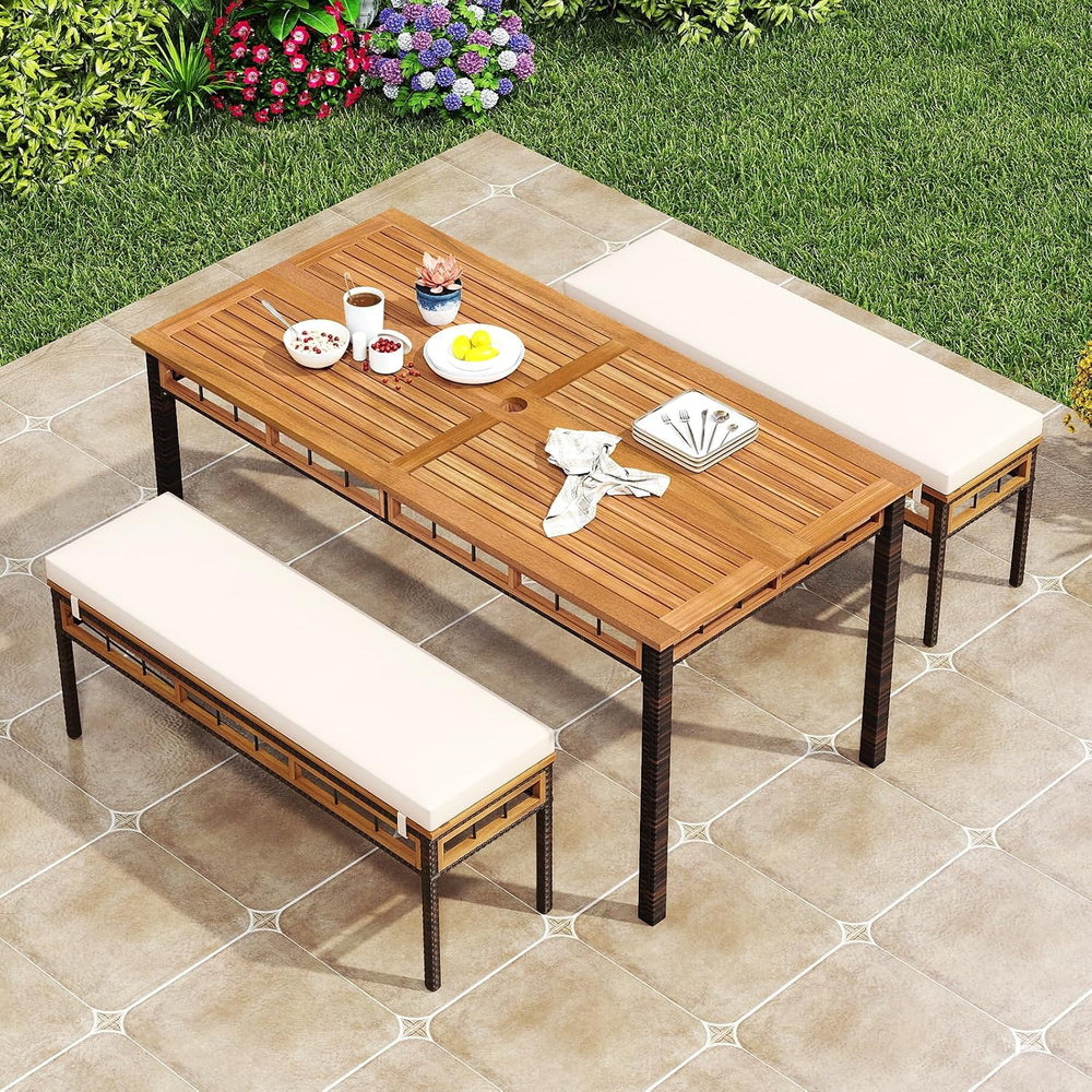 Tangkula 3 Pieces Wood Patio Dining Set, Outdoor PE Wicker Rectangular Acacia...