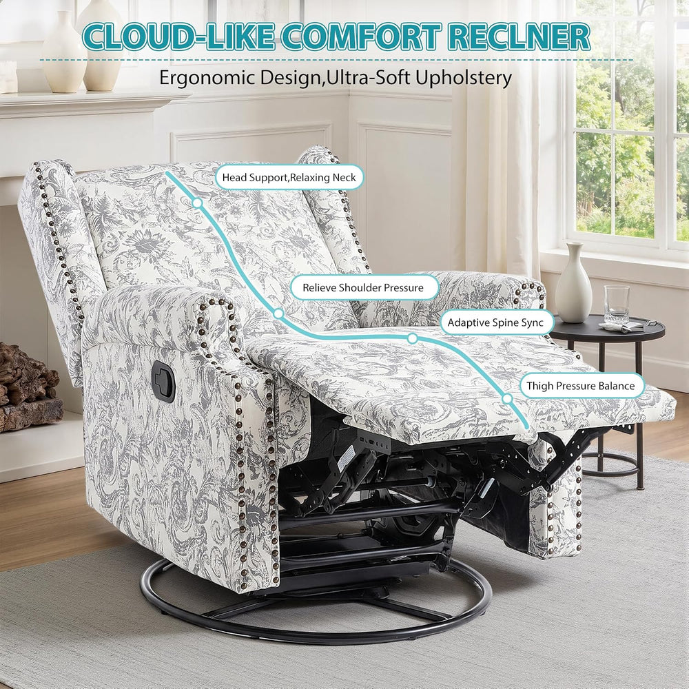 Swivel Rocker Recliner Chair, Rococo Wingback Armchair, Light Gray