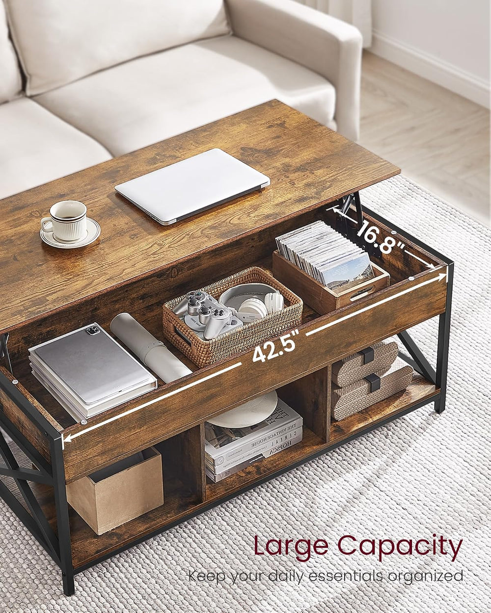 VASAGLE Lift Top Coffee Table with Storage Shelf, 3 Compartments