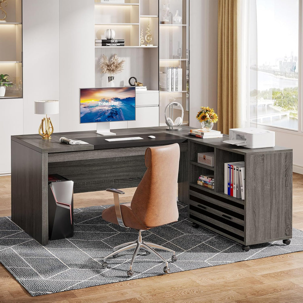 Tribesigns 62.2" L-Shaped Executive Desk with Mobile File Cabinet