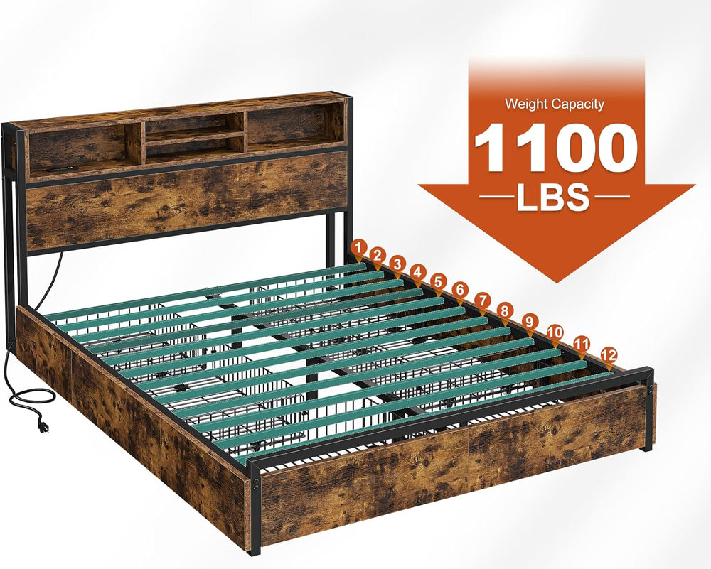 EnHomee Queen Bed Frame with 6 Storage Drawers, Charge Station,Noise-Free