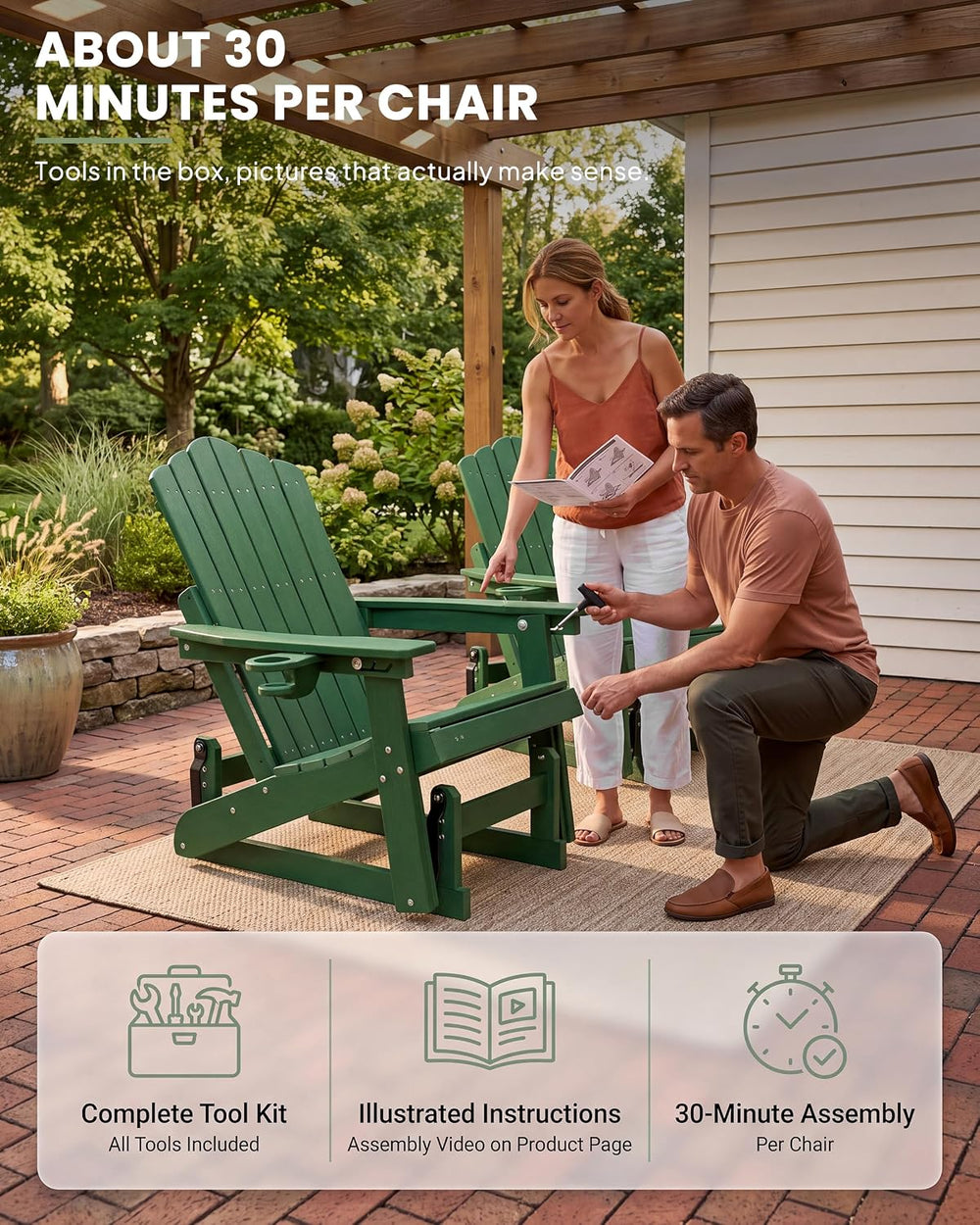 Adirondack Glider Chair Set of 2, Retractable Ottoman & Adjustable Backrest