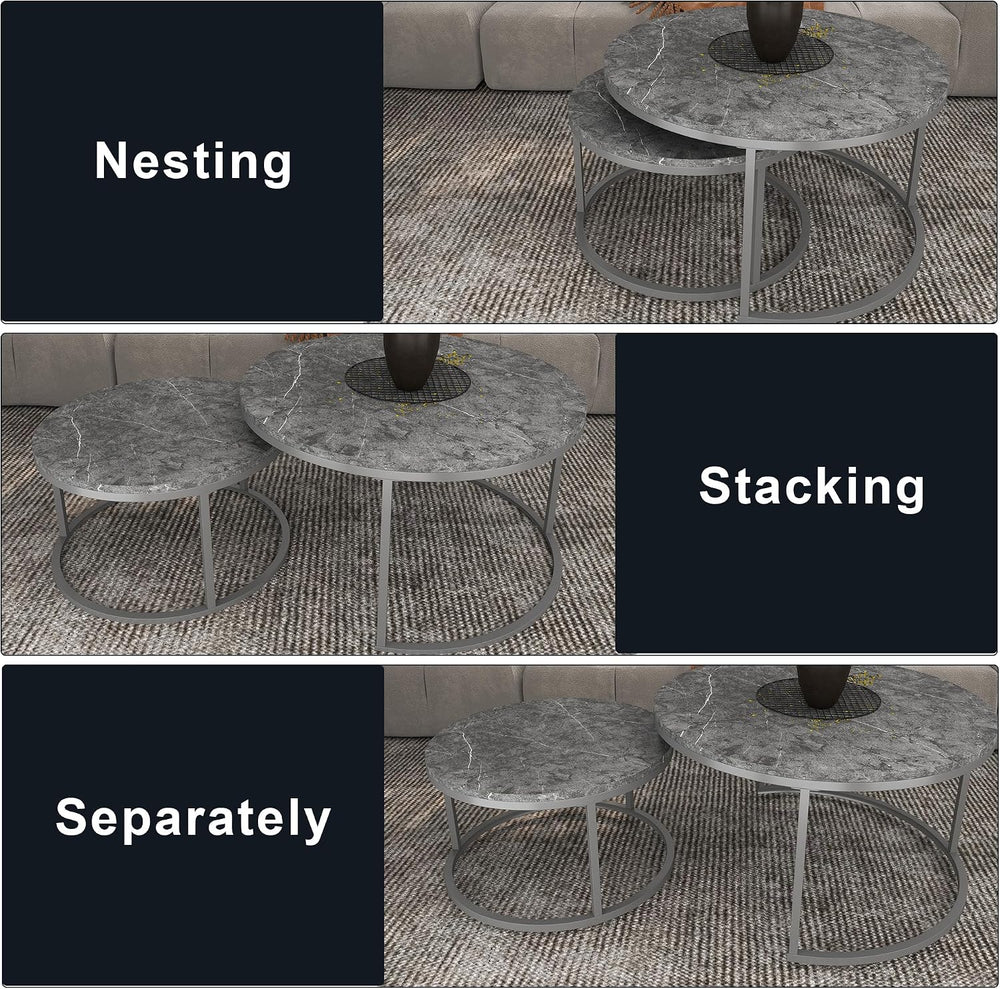 Nesting Coffee Table Set of 2, 31.5" Round Coffee Table Wooden Marble Pa...