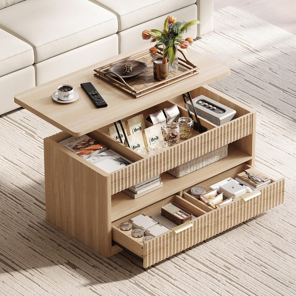 LINSY Home Lift Top Coffee Table with Hidden Storage, Adjustable Shelf, Oak |...