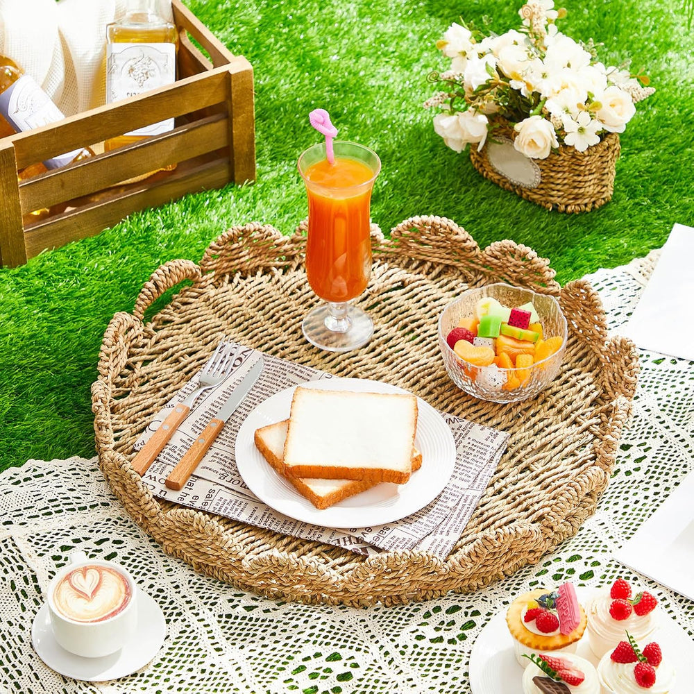 20" Round Wicker Serving Tray with Handles, Scalloped Rim, Seagrass