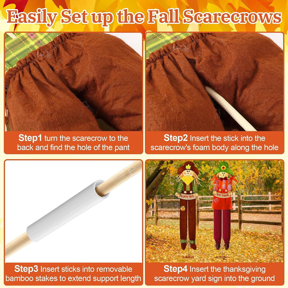 Meonum 2 Pack Fall Scarecrow Outdoor Decorations, Plaid, Cute, 60''