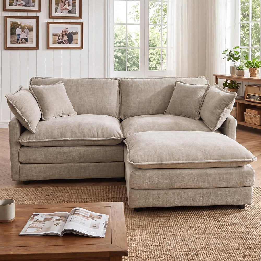 Tmsan 76.7" Cloud Loveseat Couch with Ottoman, Small L Shape Sectional Sofa
