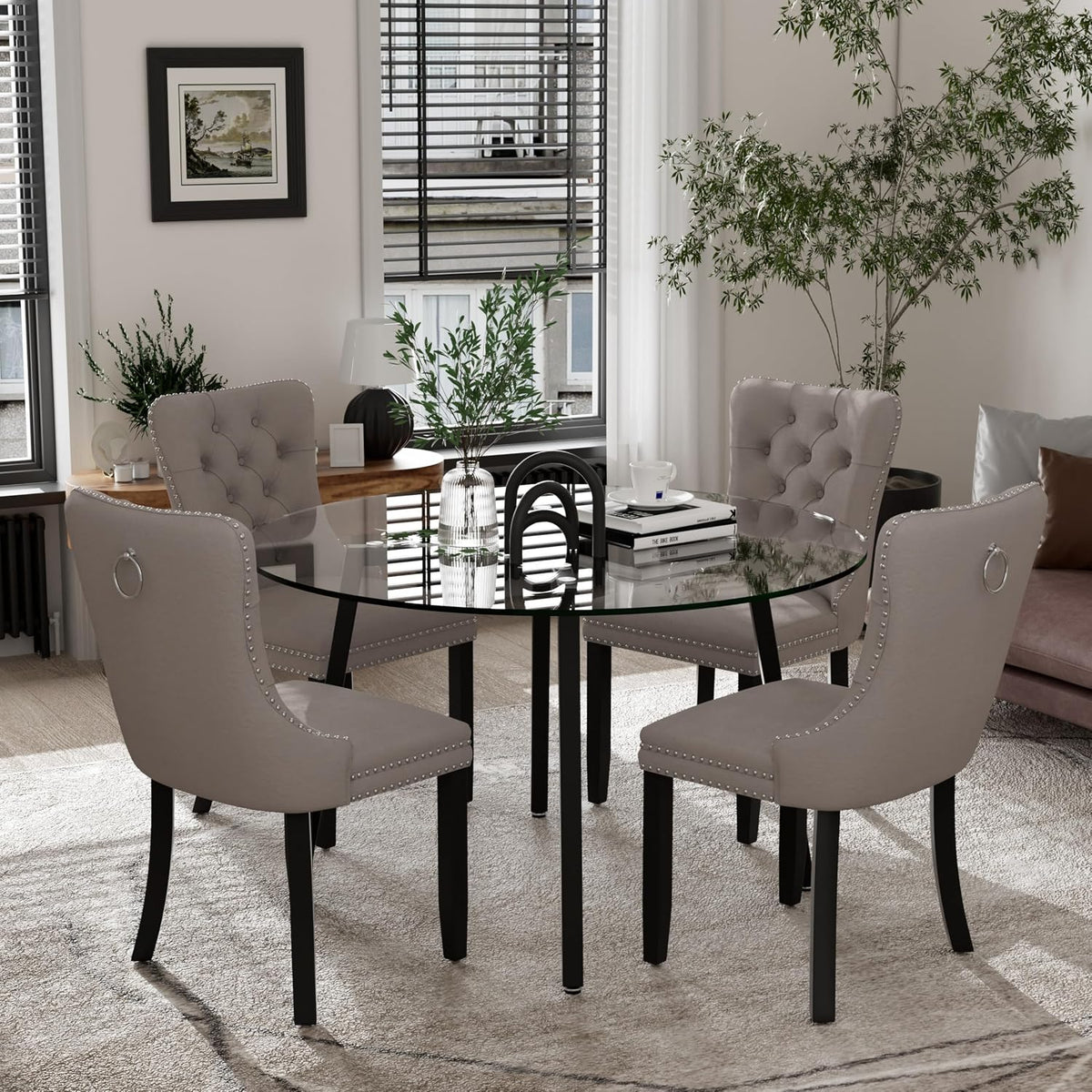 Clear Round Glass Top Dining Set for 4, 42'' Modern Luxury Circle Dinner Room Set, 5 PCS Minimalist Circular Kitchen Table Set, Grey High-end Tufted Chairs, for Home Small Apartment (Black)
