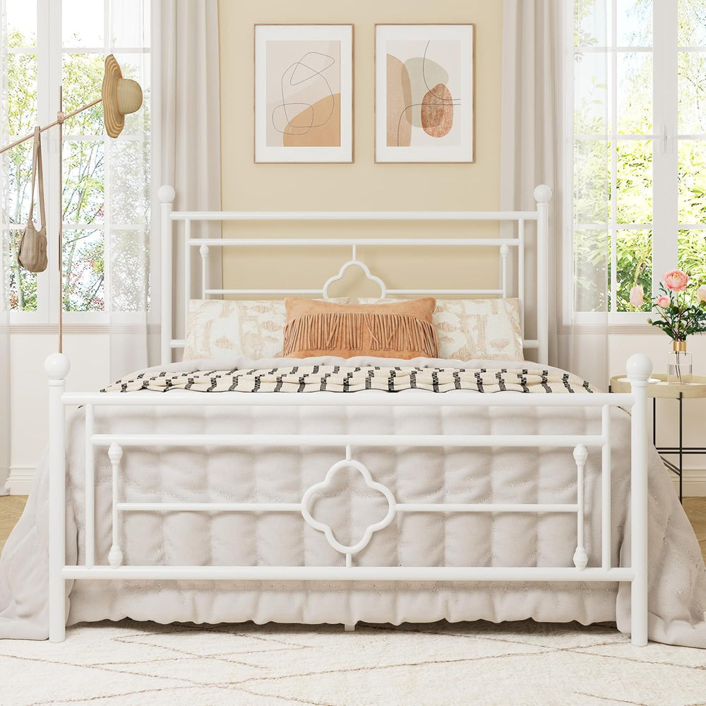 Allewie Full Size Metal Platform Bed Frame, Victorian Headboard, White