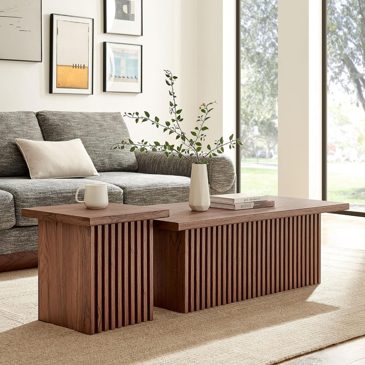 Modway Render Slatted Nesting Coffee Table Set in Walnut - 2 Piece Low Profile Coffee Table Mid Century Modern - Abstract Coffee Tables for Living Room - Nested Accent Tables
