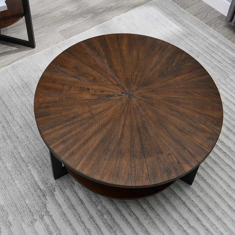 Round Coffee Table with Storage Shelf, Farmhouse Living Room Cocktail Black M...