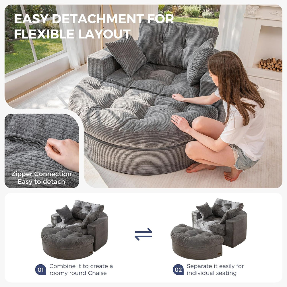 MAXYOYO Oversized Round Chaise Lounge Sofa, Boneless Chair with Ottoman