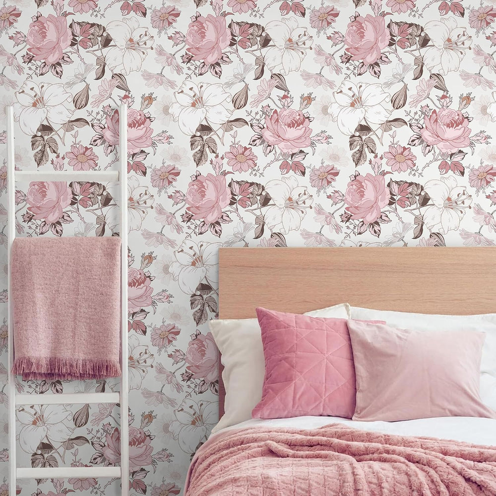 Hopepak Pink Floral Peel and Stick Wallpaper, 16.1" x 394"
