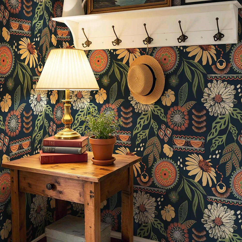 Simon&Siff Boho Sun Floral Retro Peel and Stick Wallpaper 17.3" x 80...
