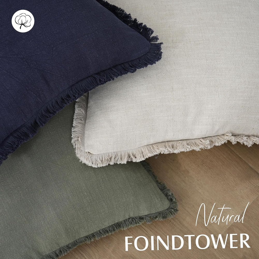Foindtower Decorative Linen Fringe Throw Pillow Covers 22×22 Inch,Beige
