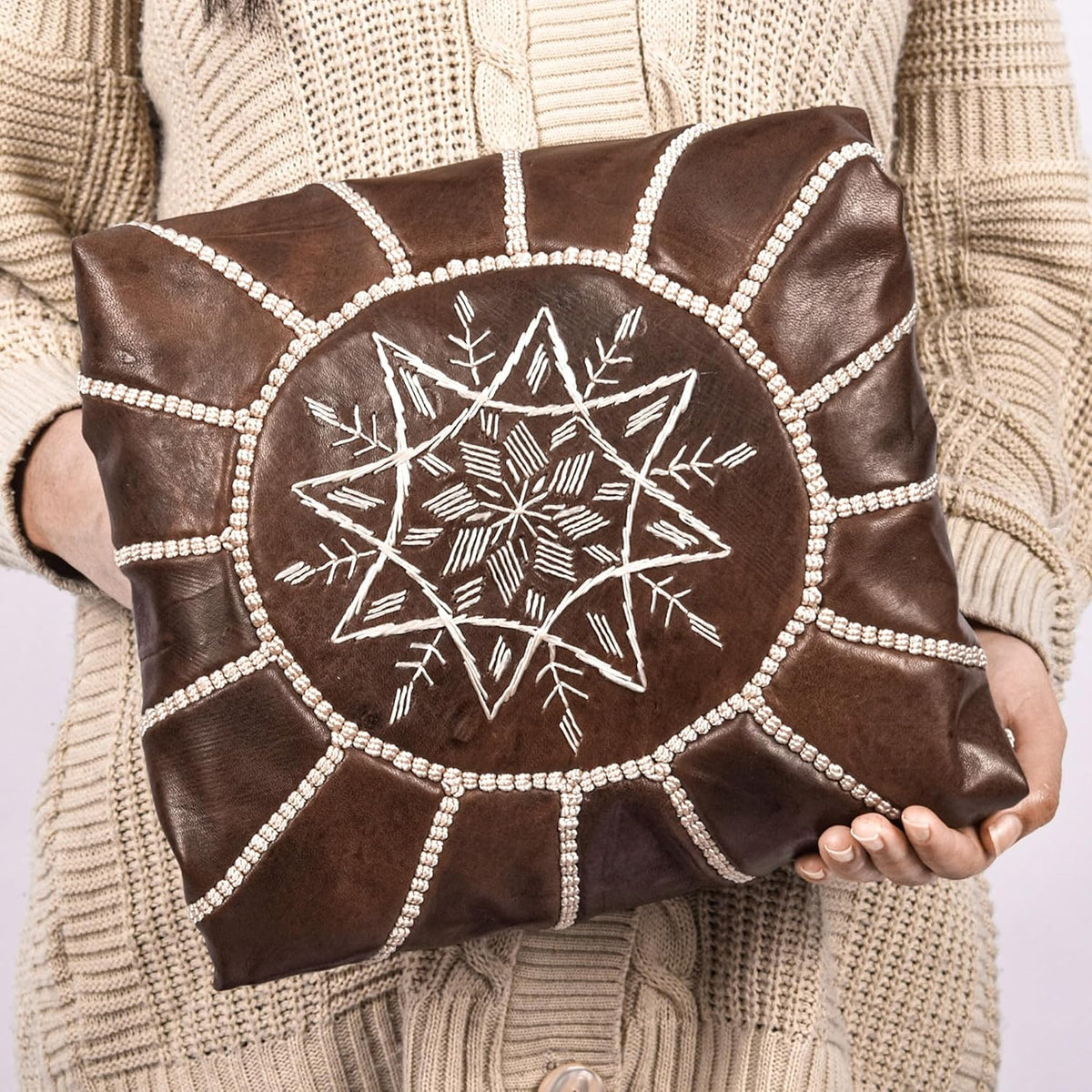 Moroccan Leather Handmade Pouf Ottoman Cover, Unstuffed Foot Stool, Round Boho Footrest for Living Room, Bedroom, Home Decor Gift (Brown By White)