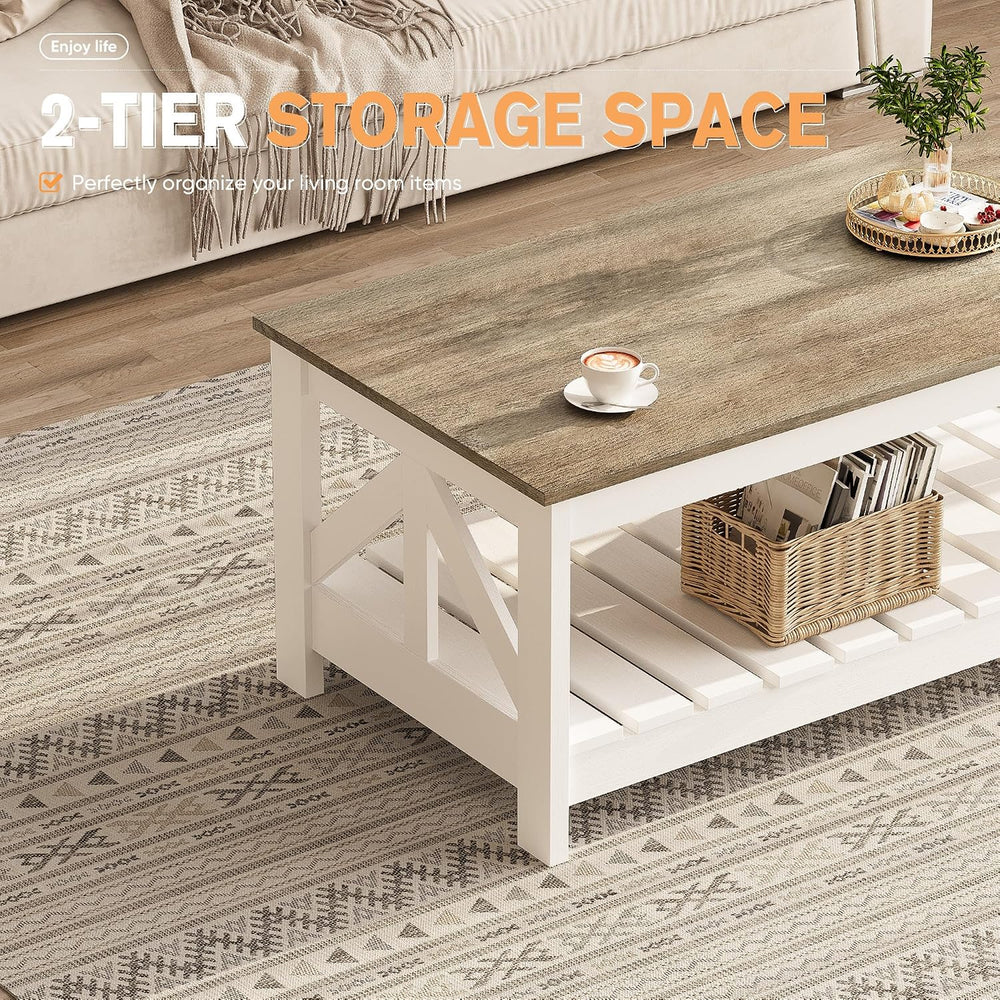YESHOMY Farmhouse Coffee Table with Storage, Gray & White