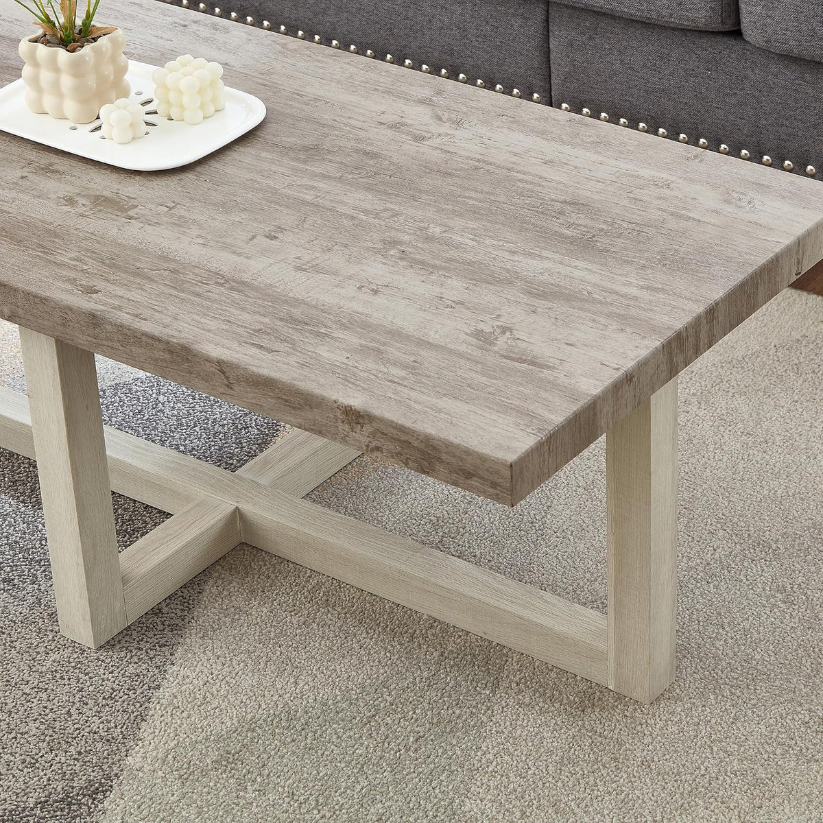 Roundhill Furniture Luno 3-Piece Coffee Table Set, Coffee Table and Two End Tables, Weathered Gray and Beige
