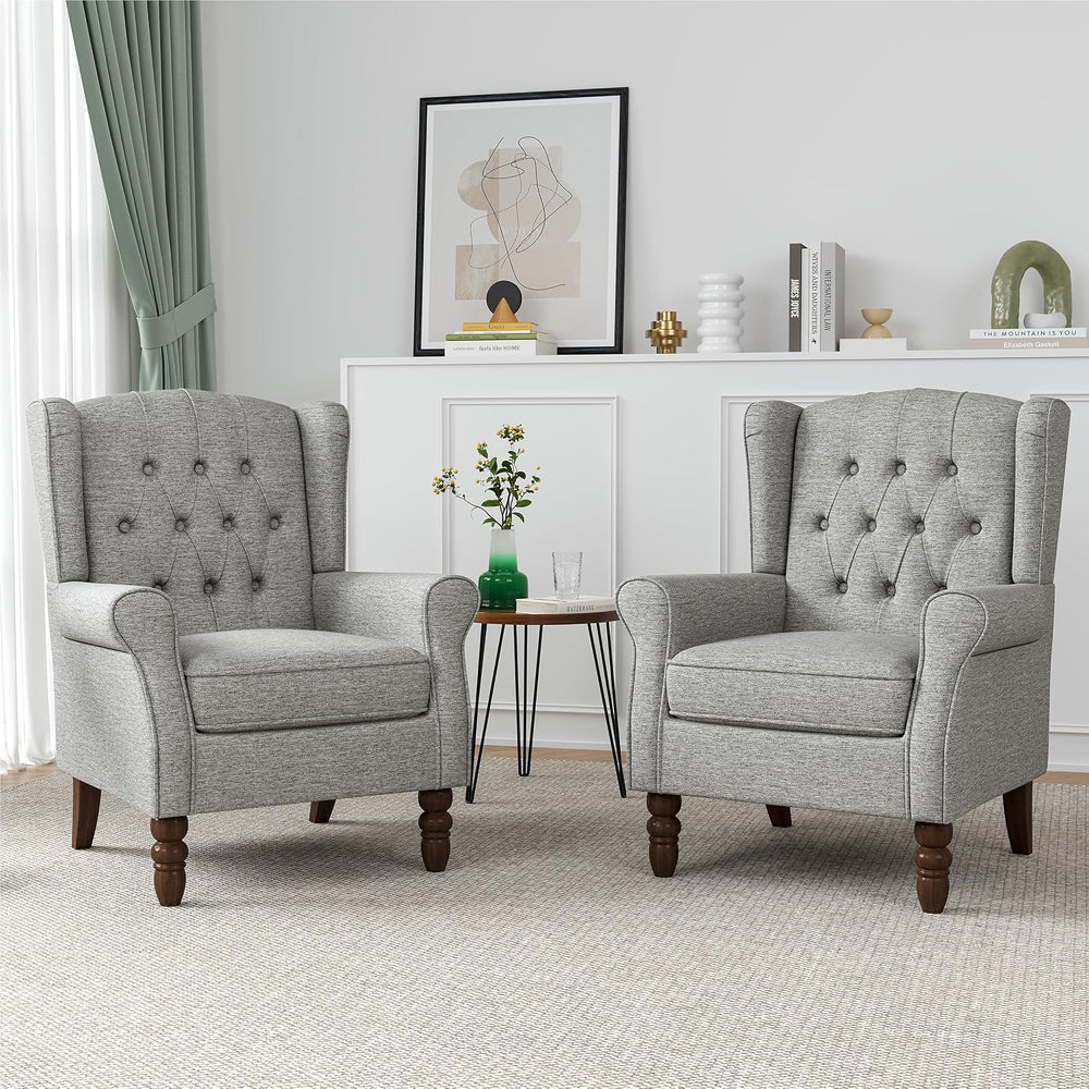 High Wingback Accent Chairs Set of 2, Button-Tufted Armchair, Light Gray