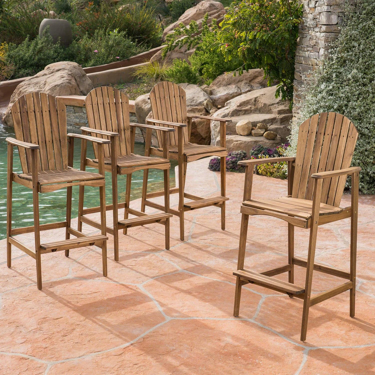 Great Deal Furniture Noble House Malibu Outdoor Acacia Wood Adirondack Barstool in Teak (Set of 4)