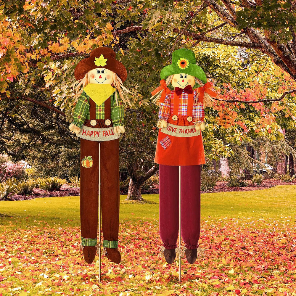Meonum 2 Pack Fall Scarecrow Outdoor Decorations, Plaid, Cute, 60''