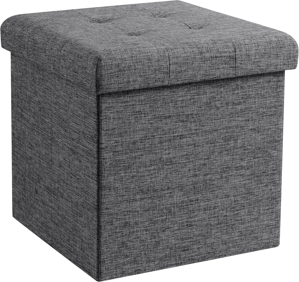 Ornavo Home 15 Inch Folding Storage Ottoman Cube, Tufted Linen, Dark Gray