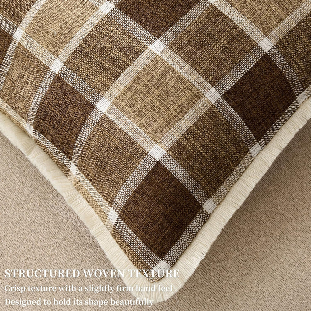 Classic Windowpane Plaid Pillow Covers 18x18 Set of 2, Structured Linen-Look ...