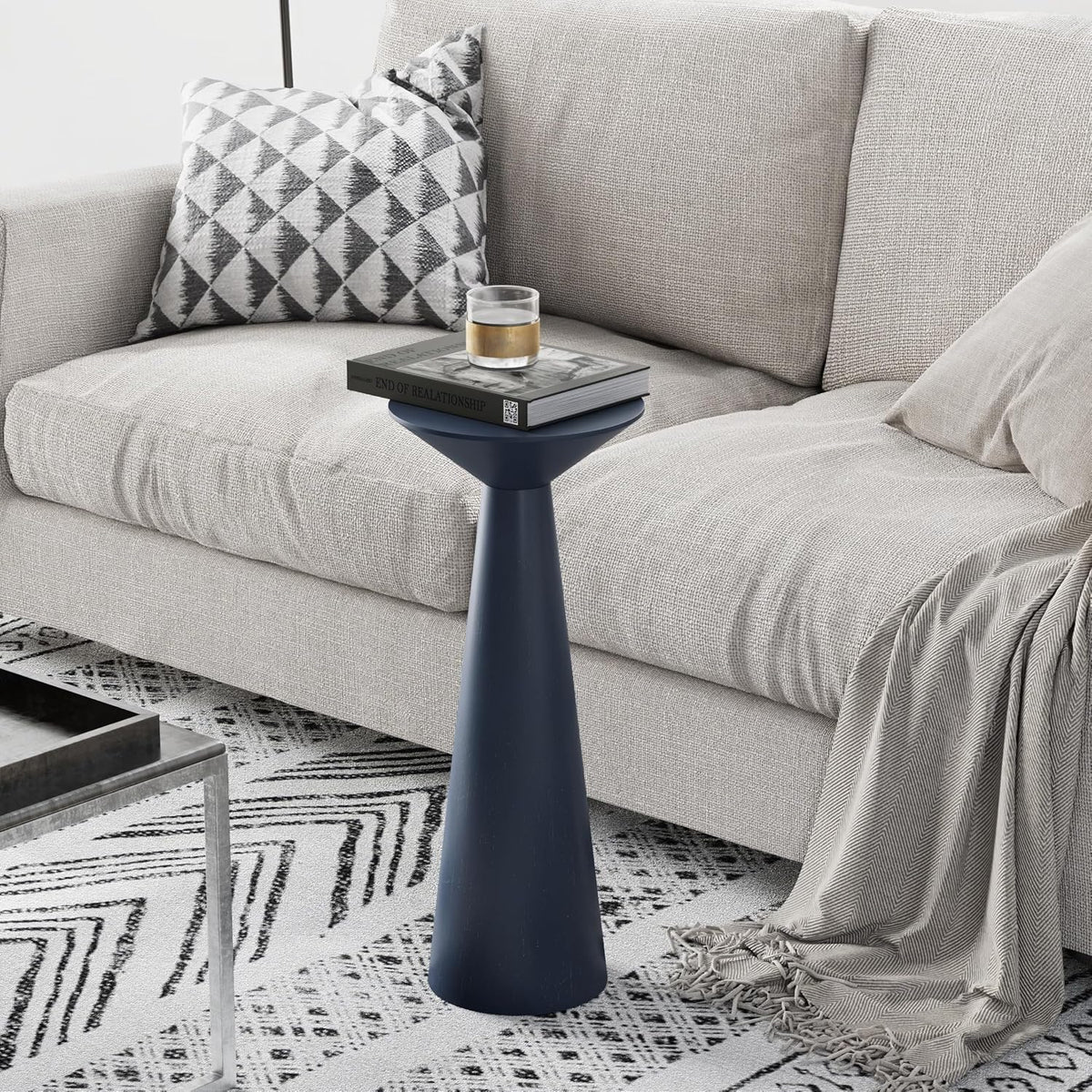 COZAYH Farmhouse Tall Pedestal End Table, Solid Wood, Dark Blue