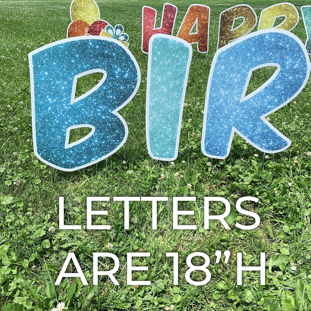 Rainbow Sparkle Happy Birthday Yard Letters 17pc Custom Name Outdoor Lawn Dec...