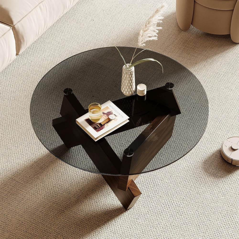 Honyee Modern Round Coffee Table, 30.7" x 30.7" x 16.1" Temper...