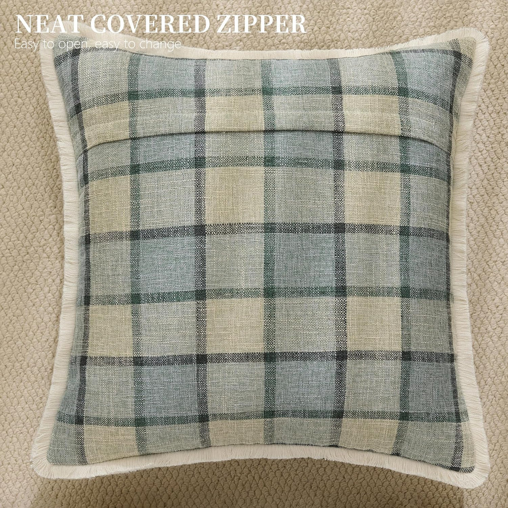 Classic Windowpane Plaid Pillow Covers 18x18 Set of 2, Structured Linen-Look ...