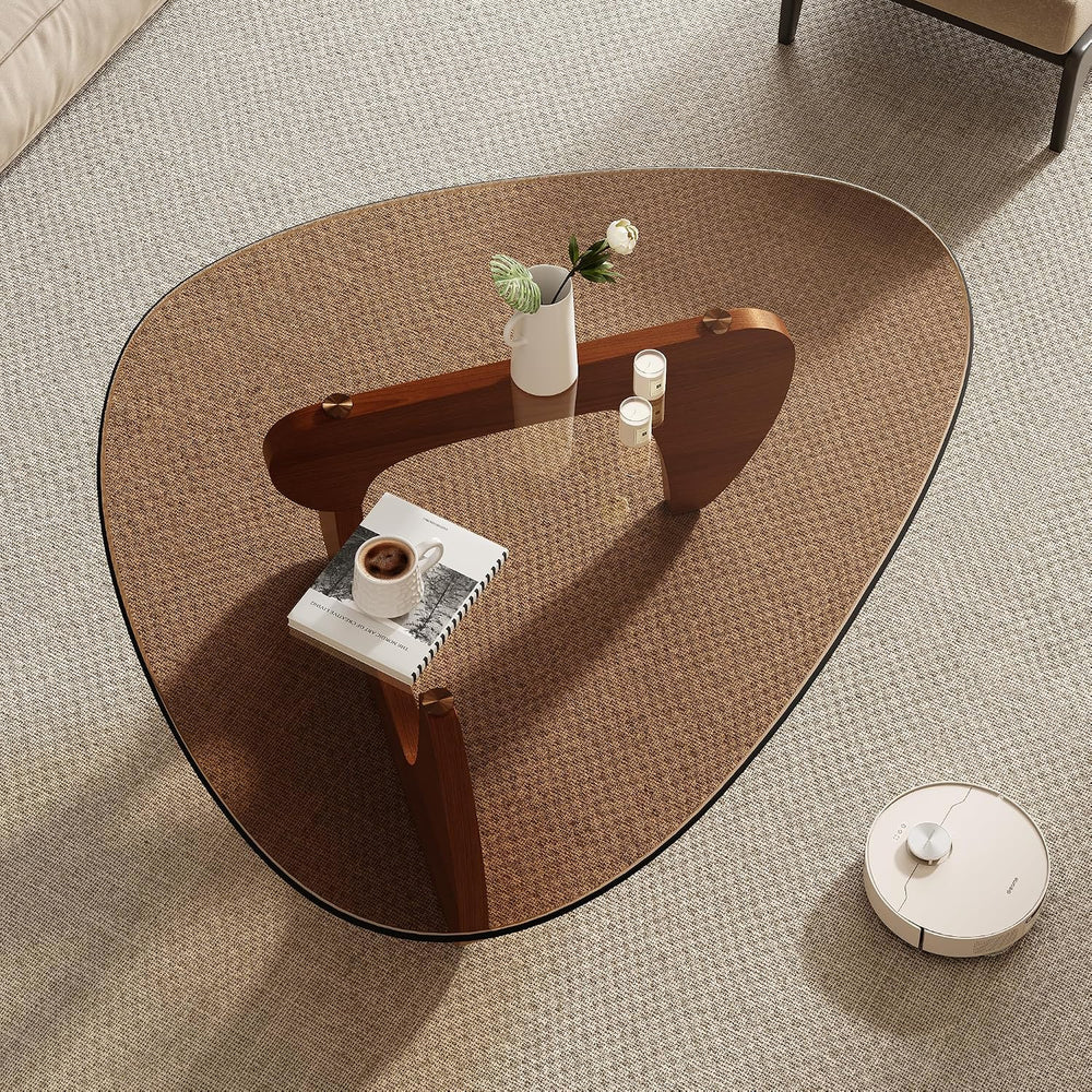 Mid Century Modern Triangle Coffee Table, Tempered Glass Top Solid Wood Base ...