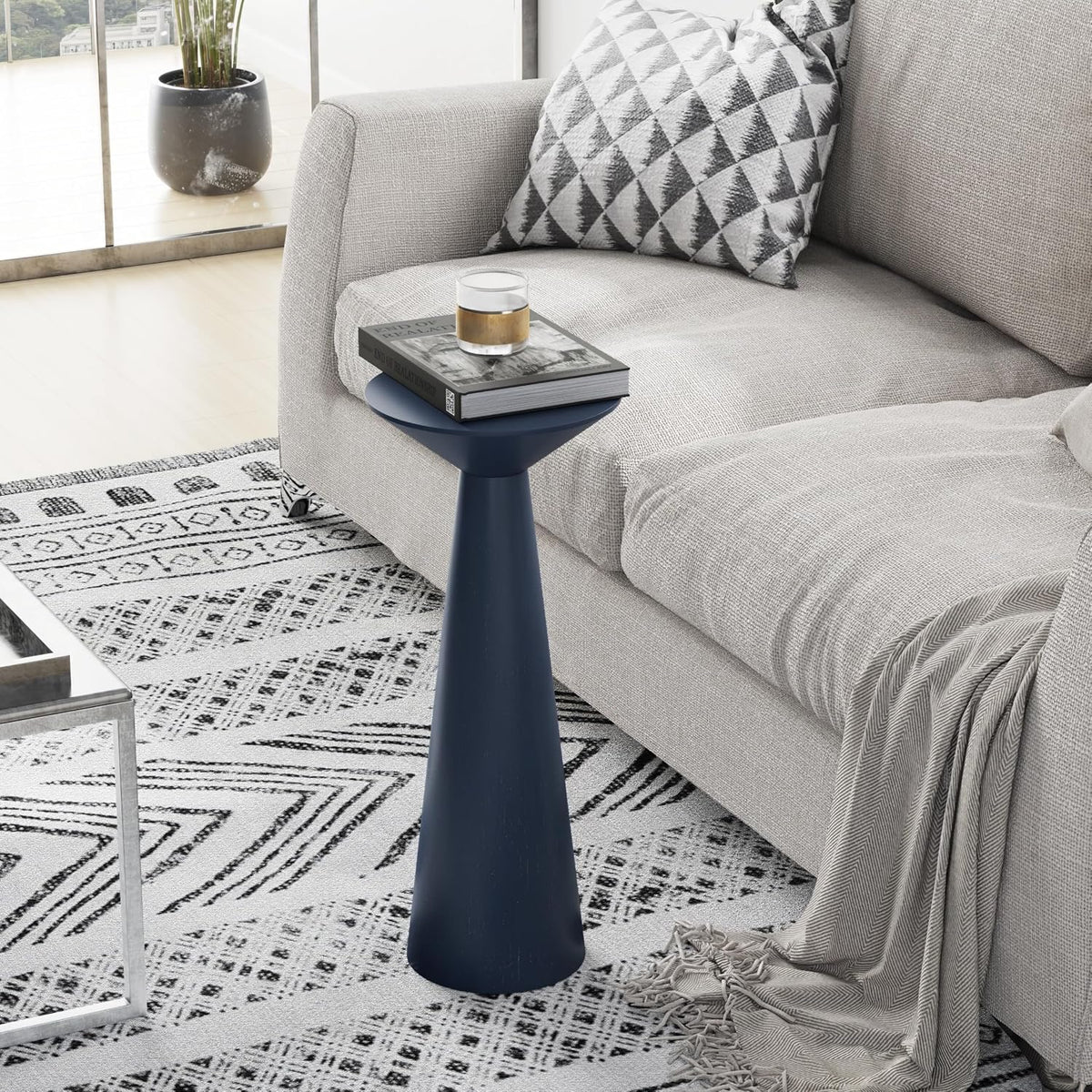 COZAYH Farmhouse Tall Pedestal End Table, Solid Wood, Dark Blue