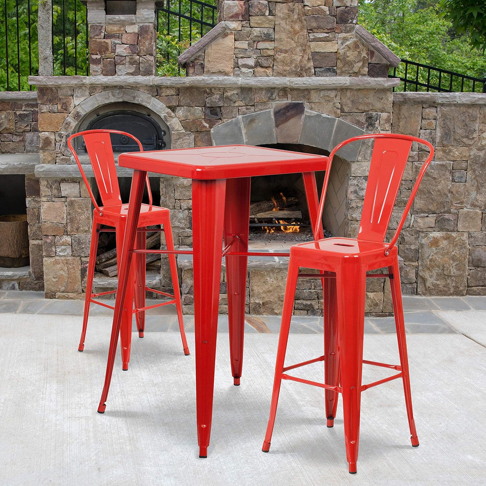 EMMA + OLIVER 30" Red Metal Indoor/Outdoor Barstool with Back, 4-Pack