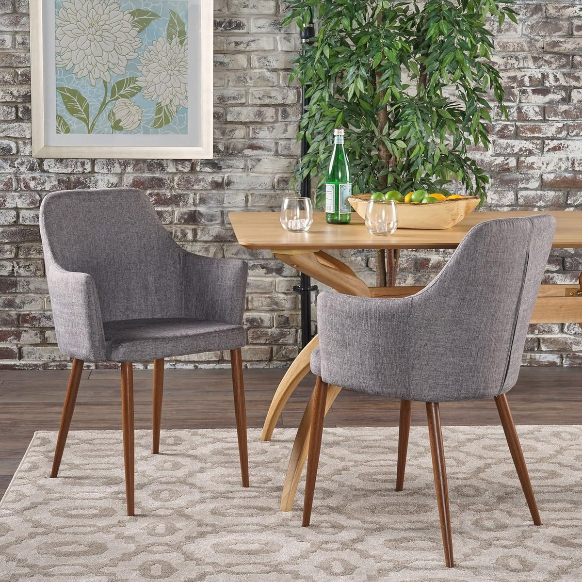 Christopher Knight Home Zeila Mid-Century Modern Fabric Dining Chair with Wood Finished Metal Legs, 2-Pcs Set, Light Grey / Dark Brown