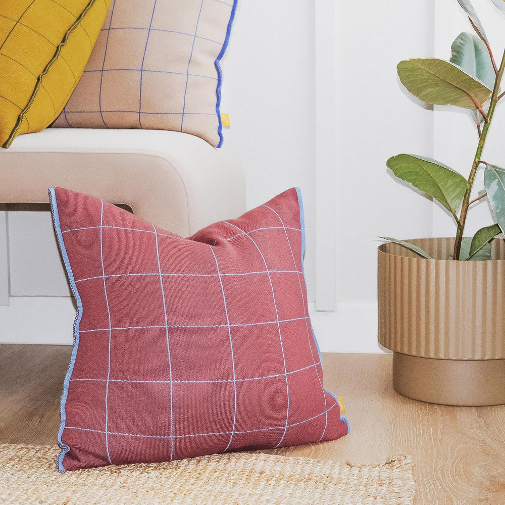 100% Soft Cotton Knitted Modern Window Pane Pillow Cover 18x18 (Burgundy, Mar...