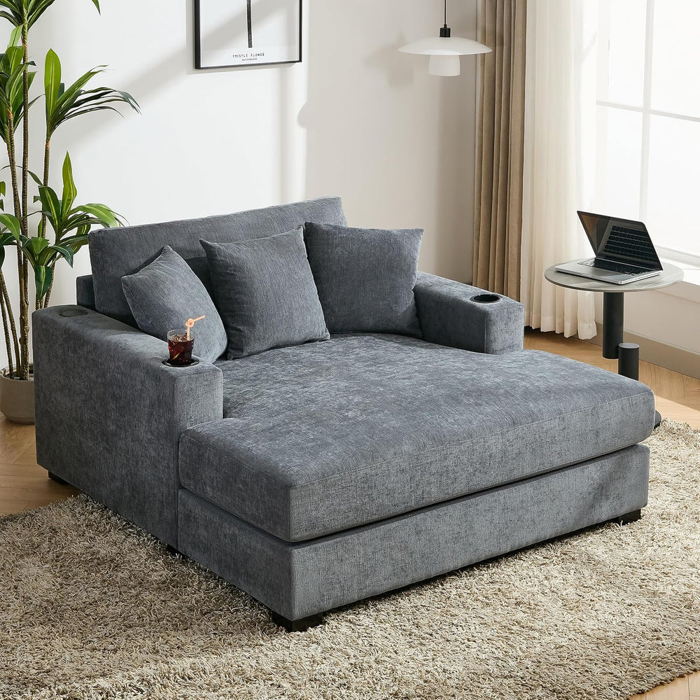 Merax Modern Upholstered Indoor Chaise Lounge with Pillows, Charge Station &a...