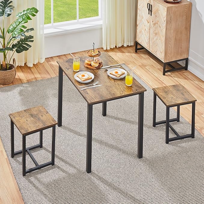 Yaheetech Industrial Dining Kitchen Table Set for 2 Breakfast Nook Table w/ 2 Stools for Dining Room Kitchen Small Space, Rustic Brown (3 Piece)