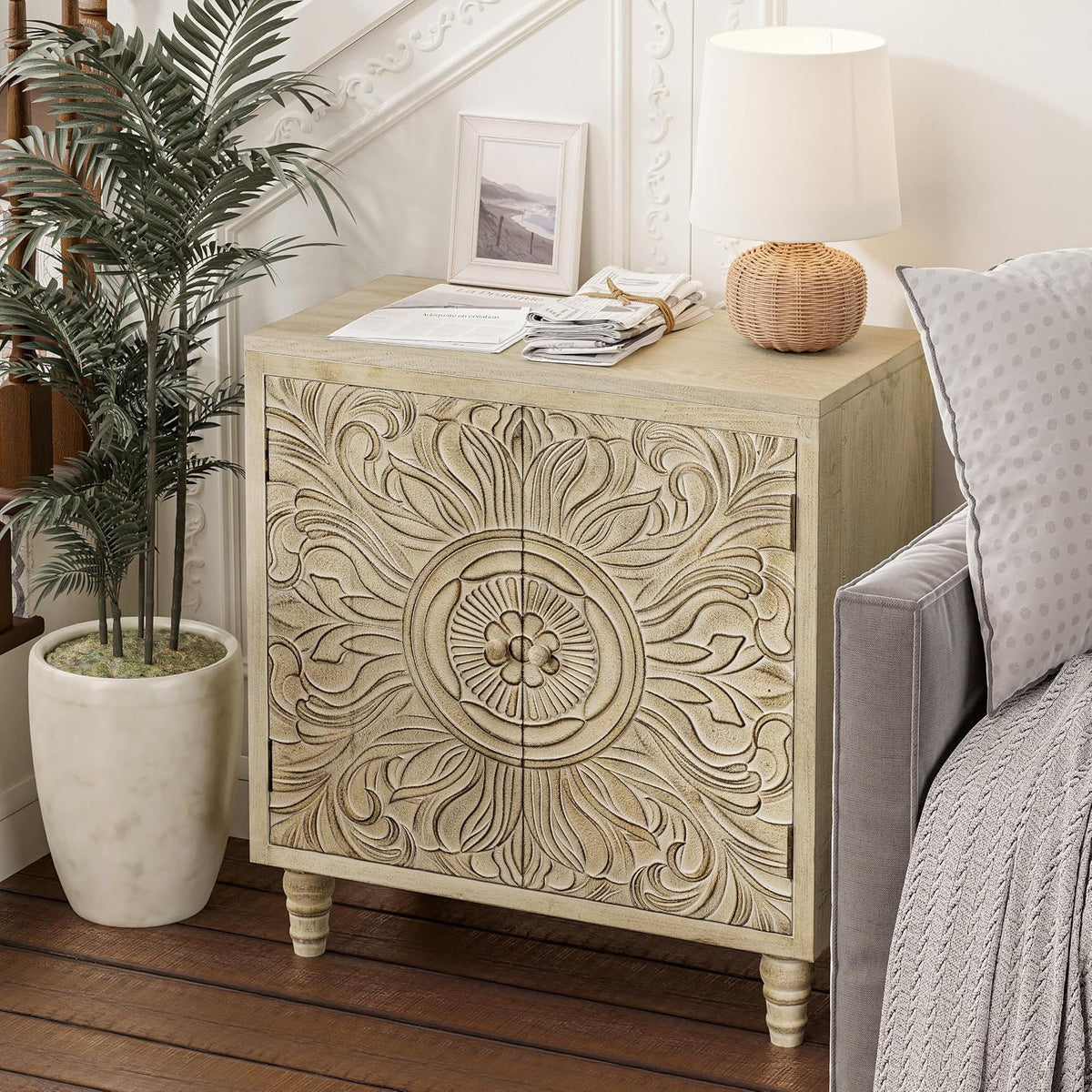 COZAYH Distressed Storage Cabinet with Carved Flower, Weathered White
