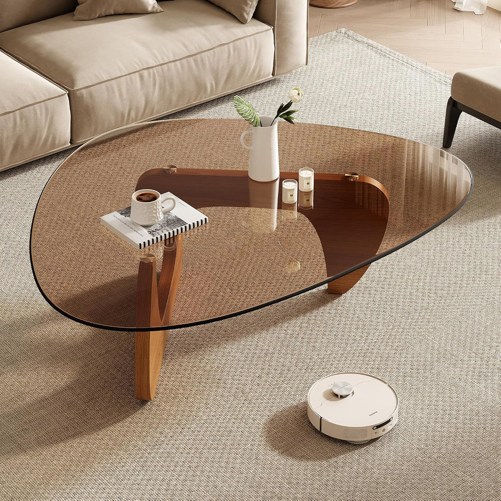 Mid Century Modern Triangle Coffee Table, Tempered Glass Top Solid Wood Base ...
